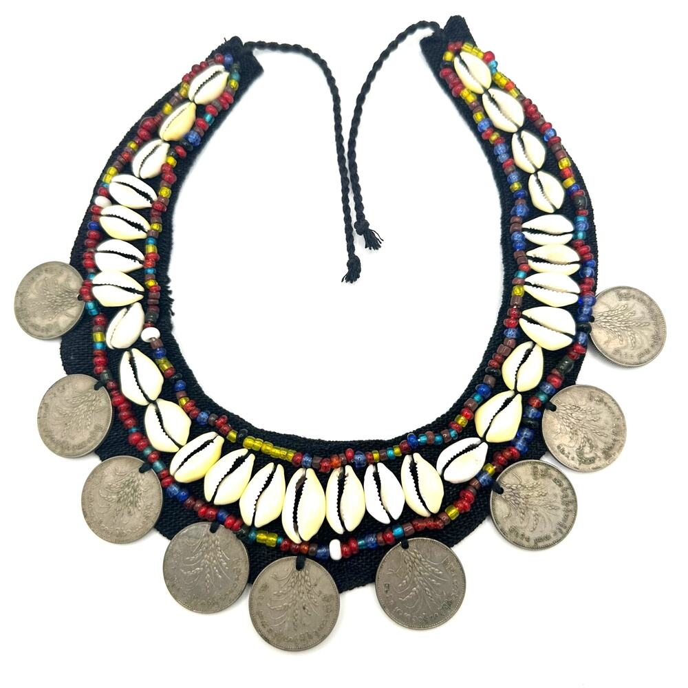 Vintage real Burmese coins beaded cowrie shells black bib statement necklace